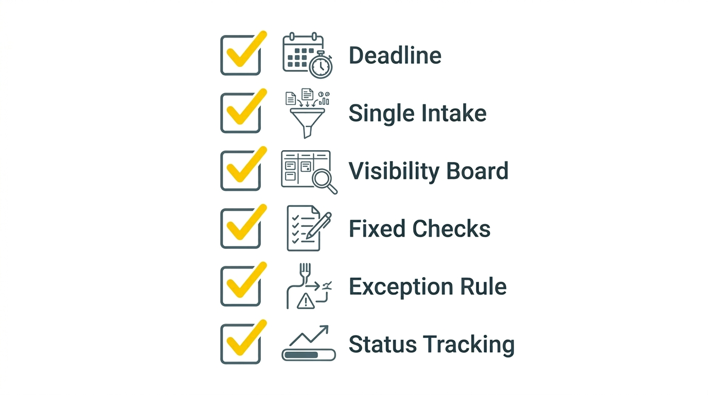 月次締め早期化チェックリスト（社内締切・入力ルール・例外・担当・見える化）を整理した図
