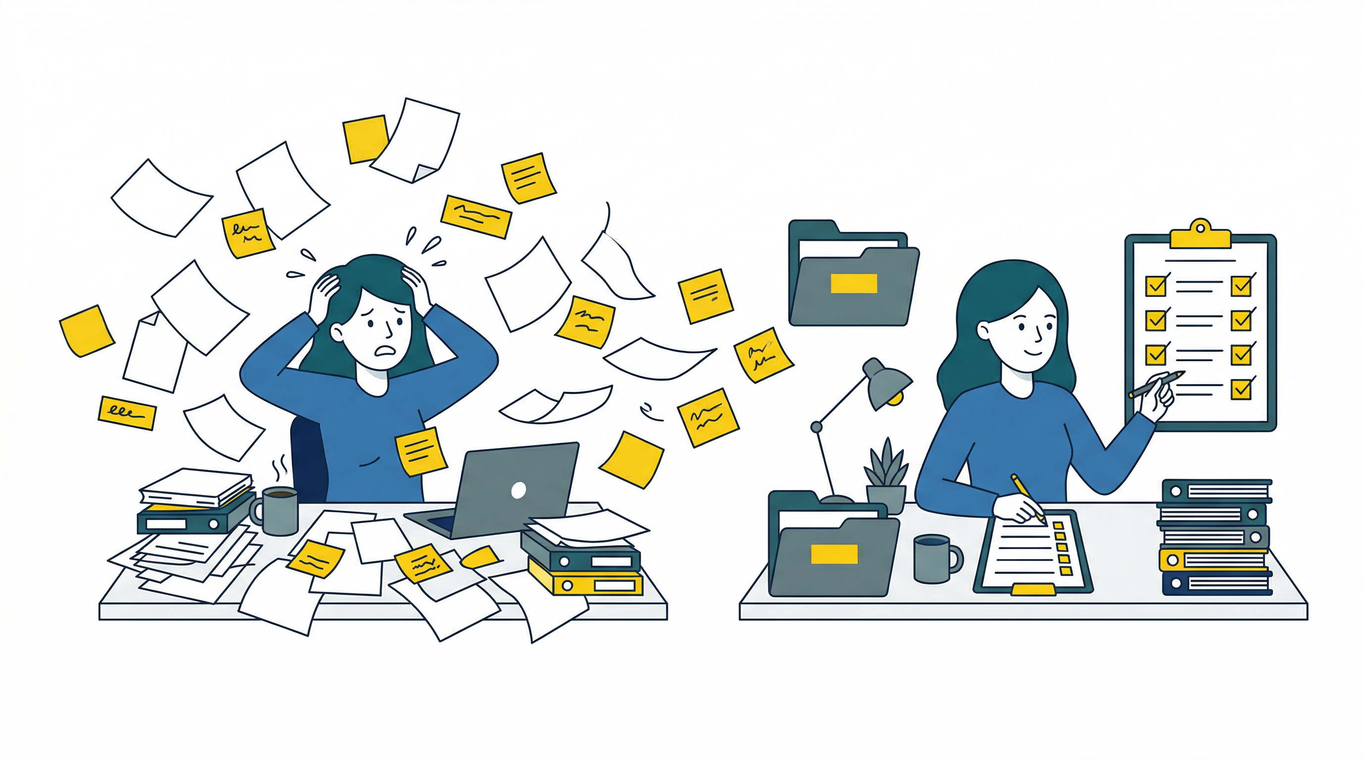 散らかった作業がチェックリストで整理されるイメージ